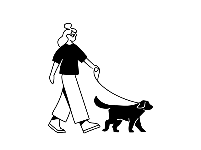 Line drawing of a woman walking her dog.