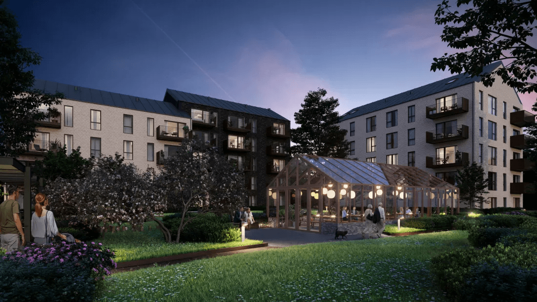 Visualisering af ejendommen Ofeliahaven i Helsingør og gårdrummet med drivhus