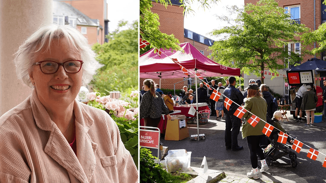 Lise Rasmussen på sin terrasse og fejringen af Østerfælled Torv med flag, telt og mennesker