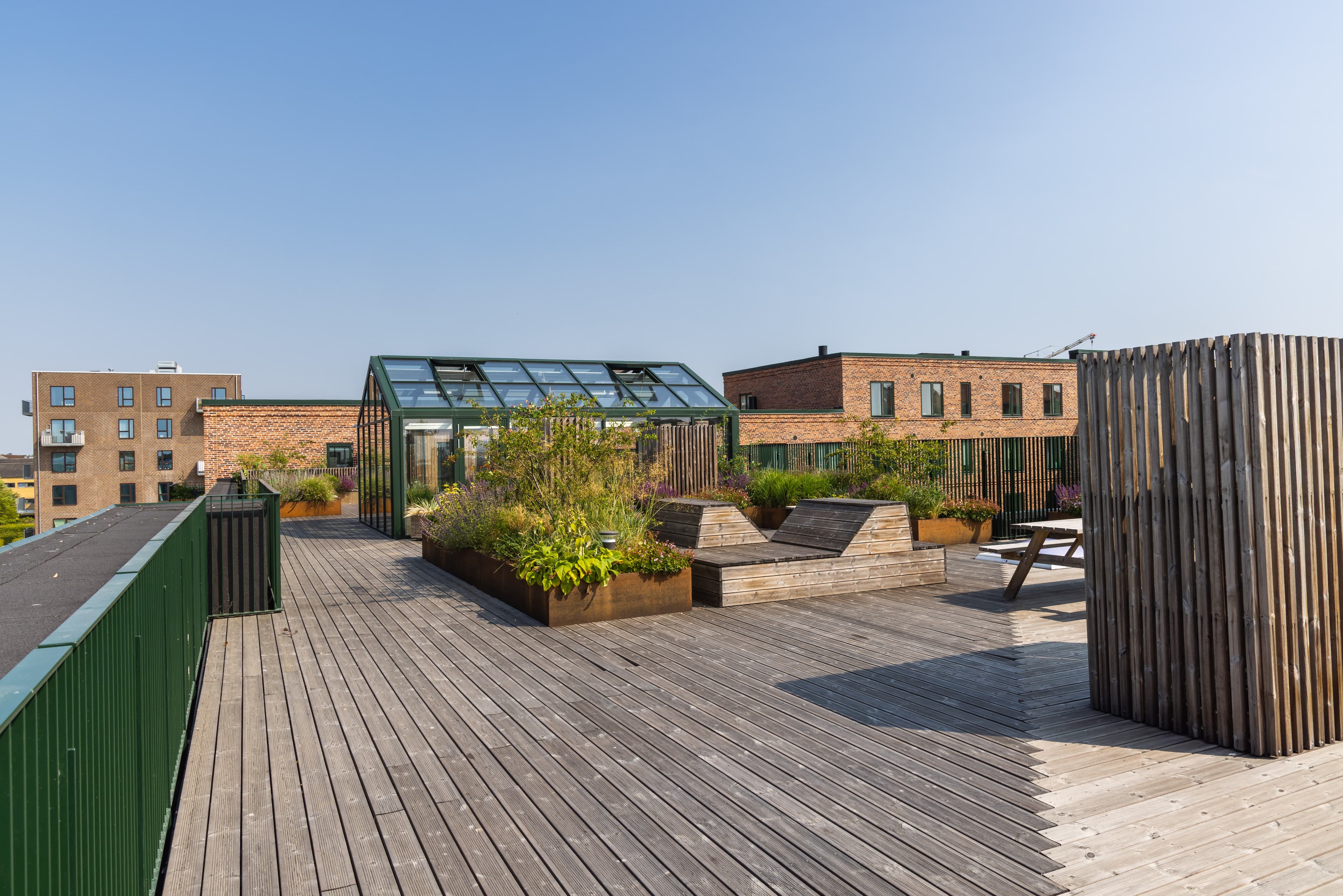 Exterior view of the rooftop garden at Fyrkanten, showing the green roof terrace area