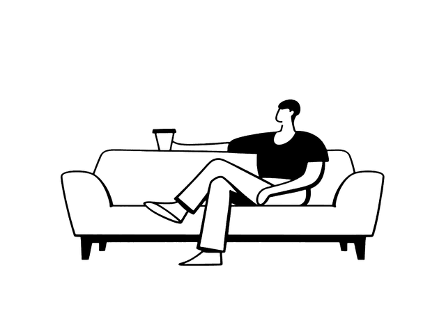 Line drawing of a person sitting in a couch with a cop of coffee