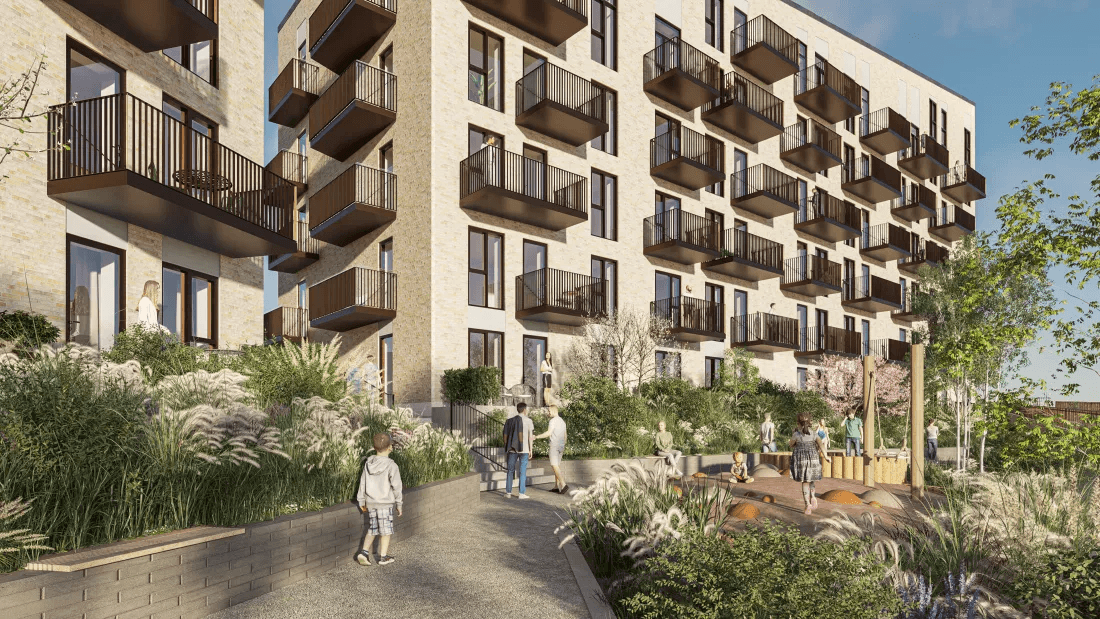 Visualisation showing Strandby Høje in Hundige and the courtyard with trees and walking paths.